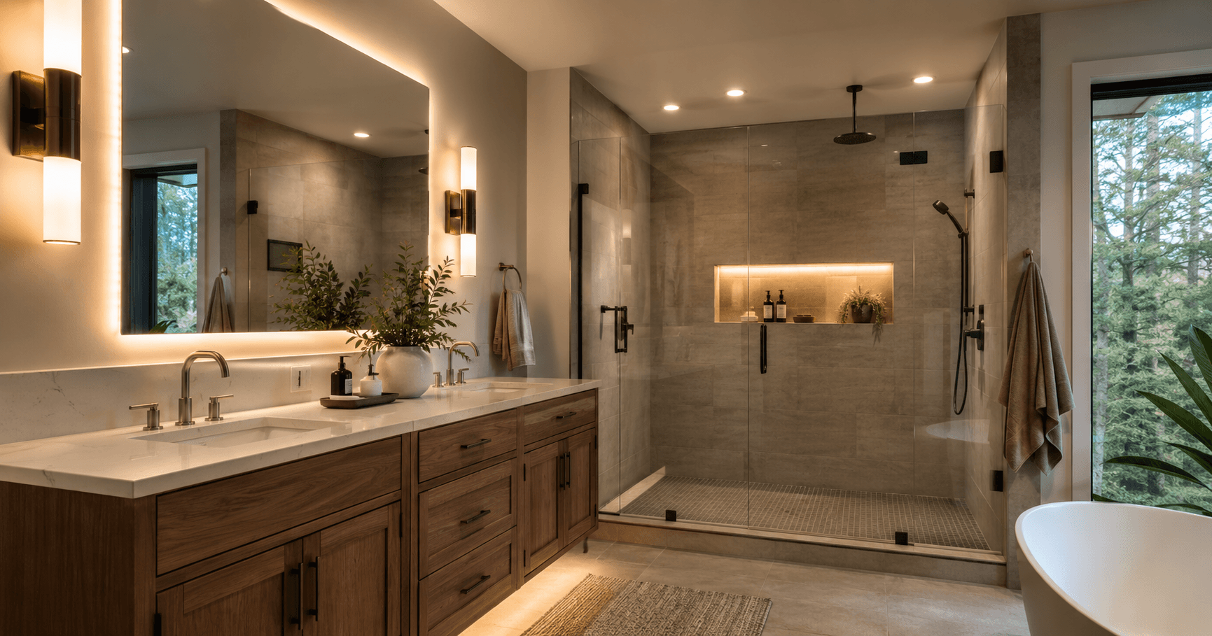 Modern Seattle bathroom remodel with task lighting, ambient lighting, accent lighting, backlit mirror, and lit shower niche by Fine Element Construction