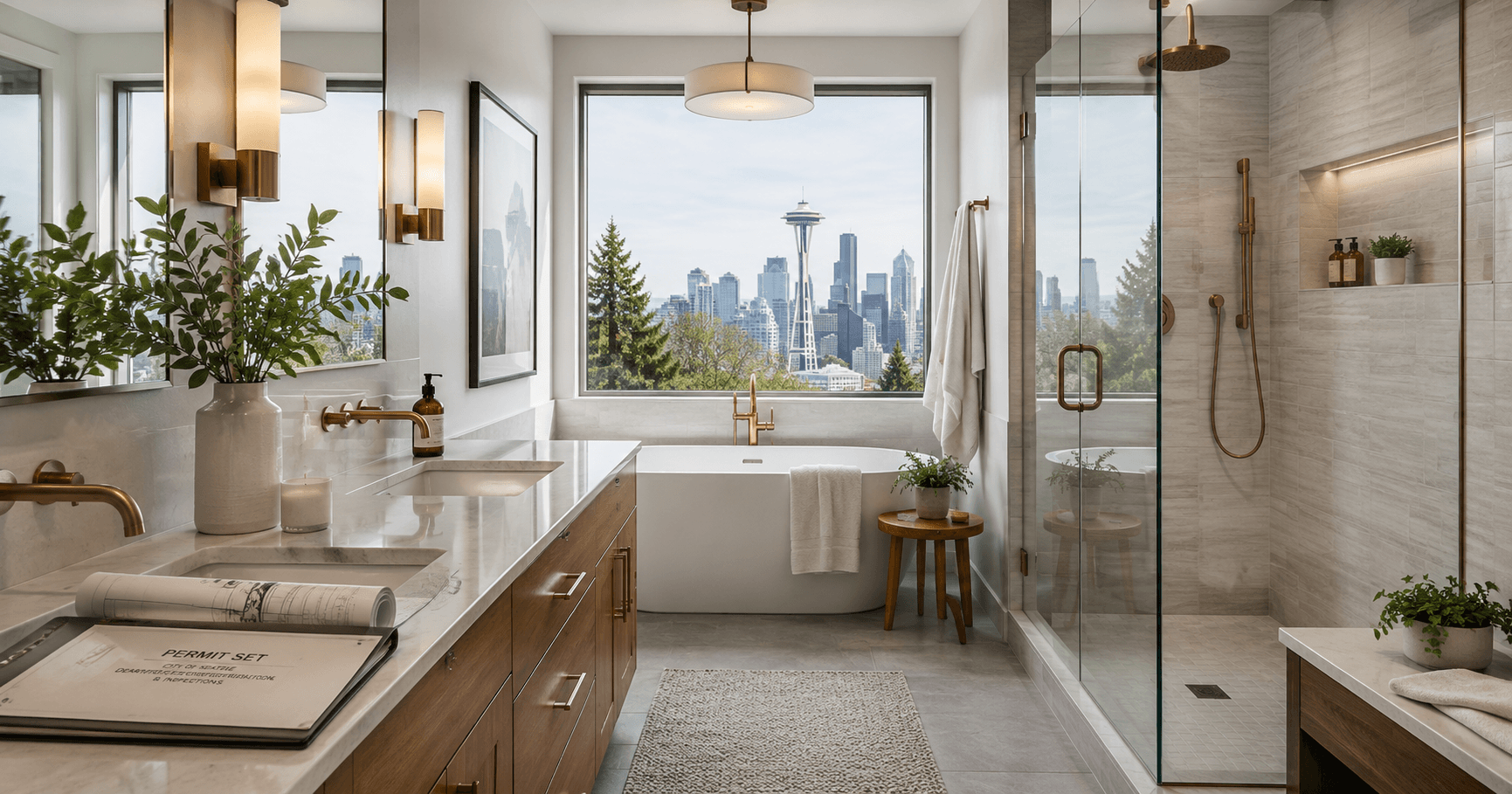 Modern finished bathroom remodel in Seattle with permit planning by Fine Element Construction
