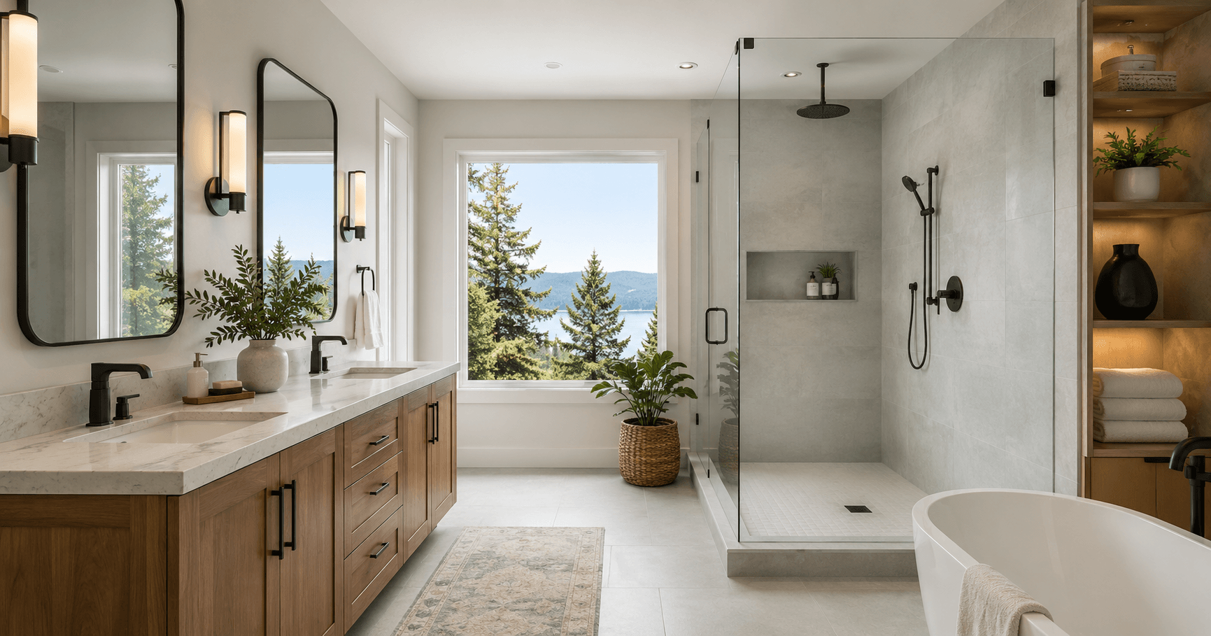 Modern bathroom remodel in Seattle with walk-in shower, double vanity, updated lighting, and resale value planning by Fine Element Construction