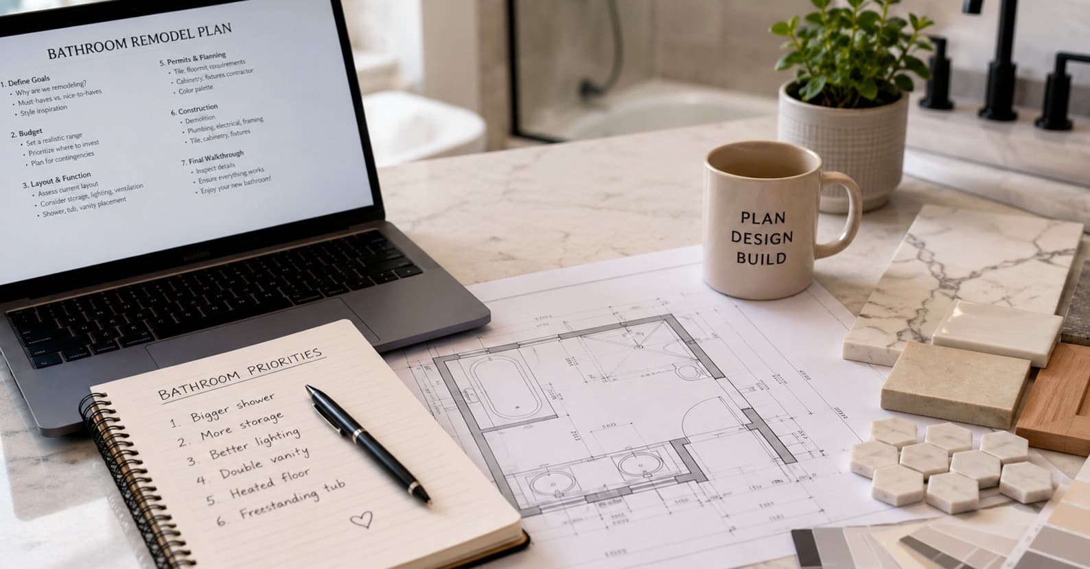 Bathroom remodel planning in Kirkland, WA with tile, vanity, shower, lighting, and material selections by Fine Element Construction