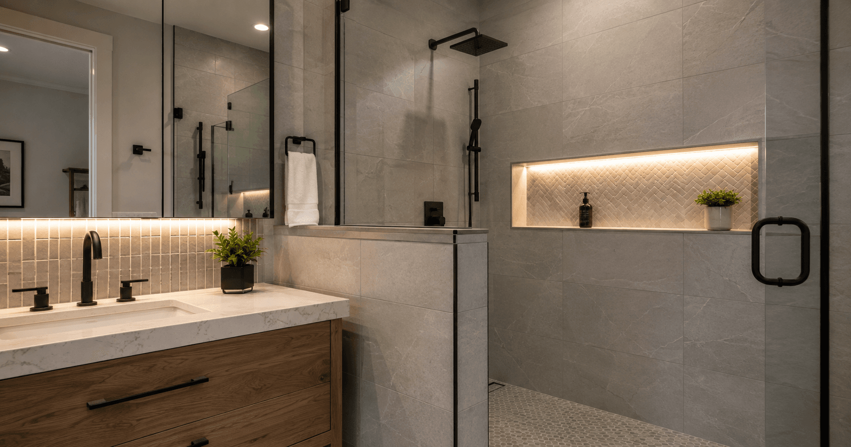 Modern bathroom tile details with illuminated shower niche, full-height tile wall, clean grout lines, and mitered tile edges