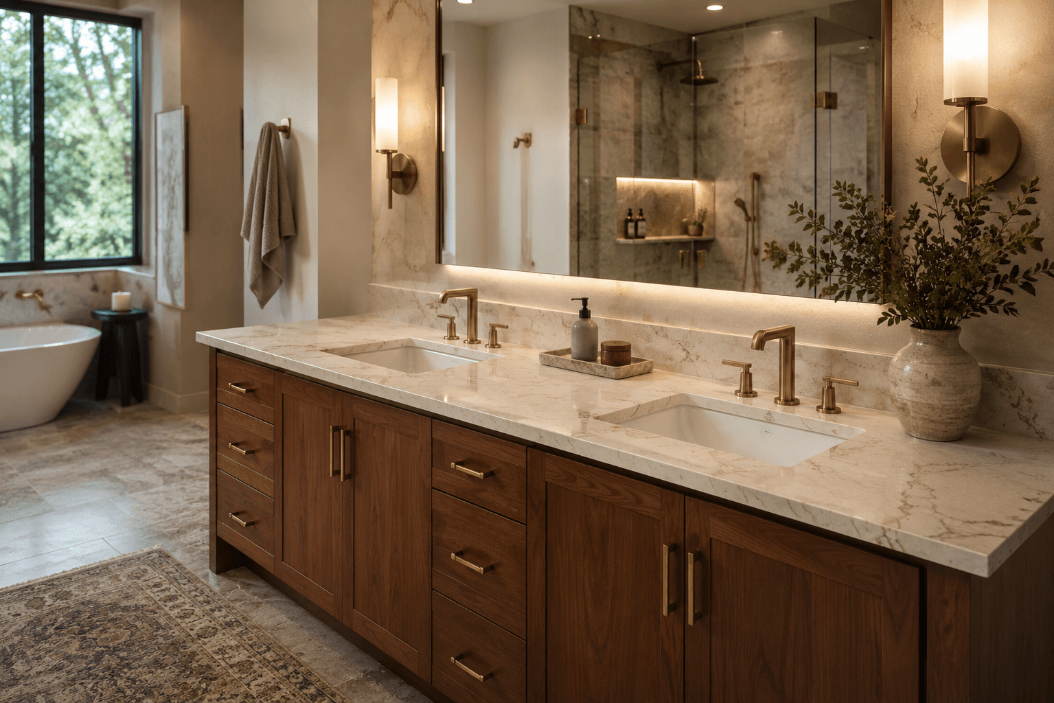 Modern Seattle bathroom remodel with quartz vanity countertop, stone surfaces, warm wood cabinetry, lighting, and tile by Fine Element Construction