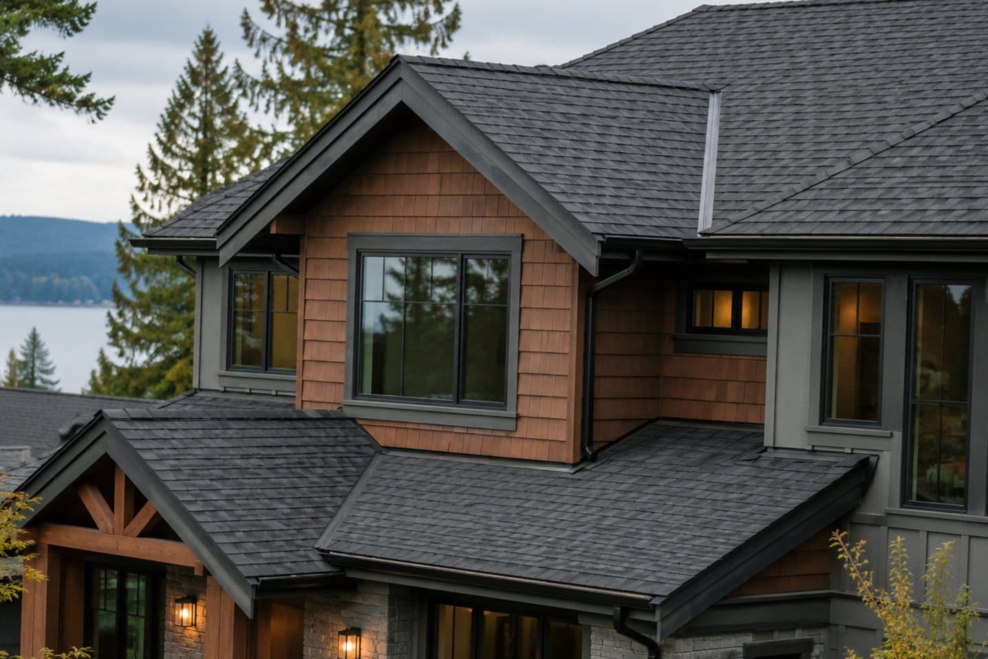 Modern Seattle home with durable roofing materials, clean rooflines, gutters, and Pacific Northwest rain-ready exterior by Fine Element Construction