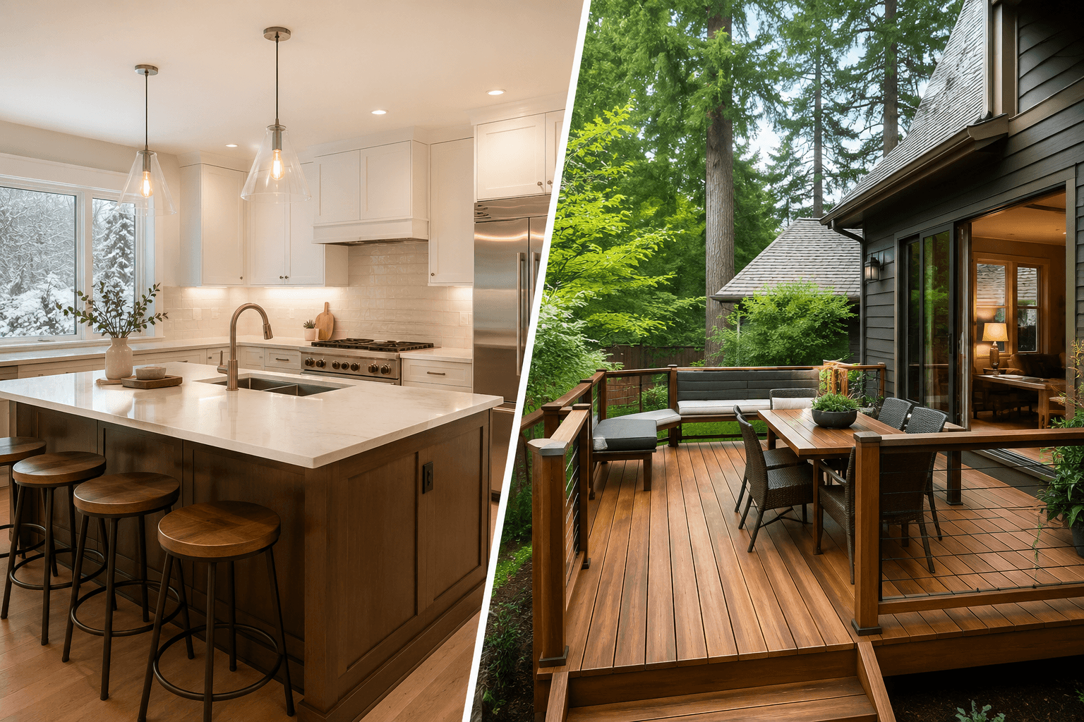 Seasonal home remodeling planning in Seattle with winter kitchen remodel and summer deck project by Fine Element Construction