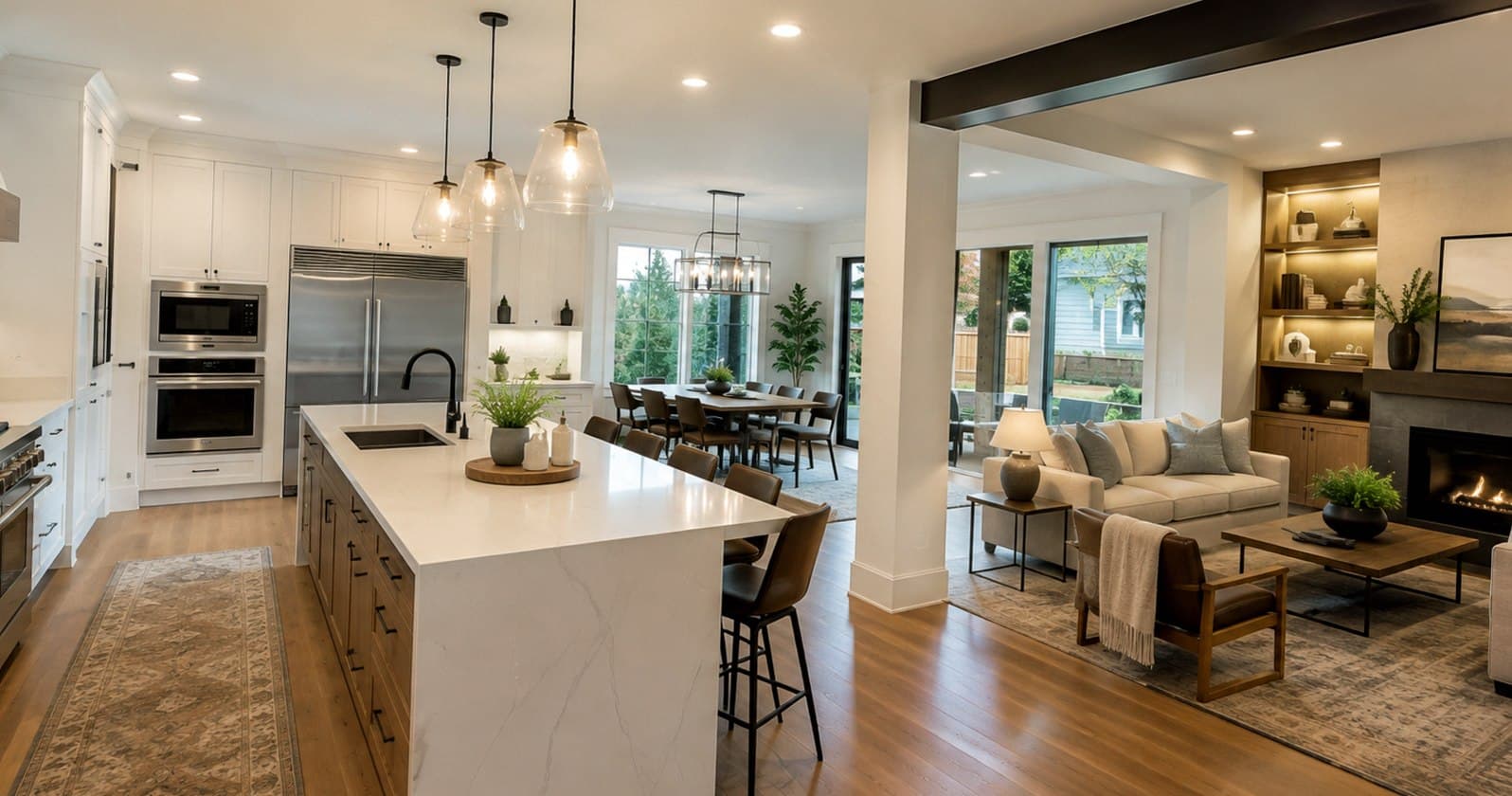 Full home renovation in Kirkland Washington with updated kitchen, flooring, lighting, windows, and modern interior finishes
