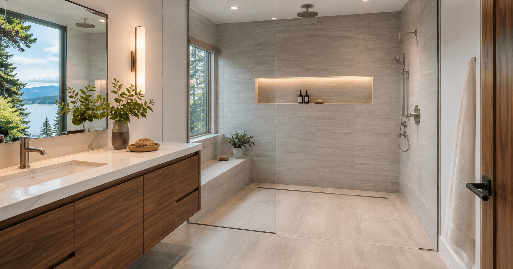 Modern curbless shower remodel in Seattle with glass enclosure, tile, linear drain, accessibility planning, and waterproofing by Fine Element Construction