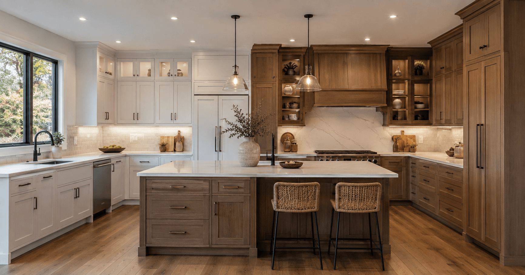 Modern Seattle kitchen remodel with custom and semi-custom cabinet design options by Fine Element Construction