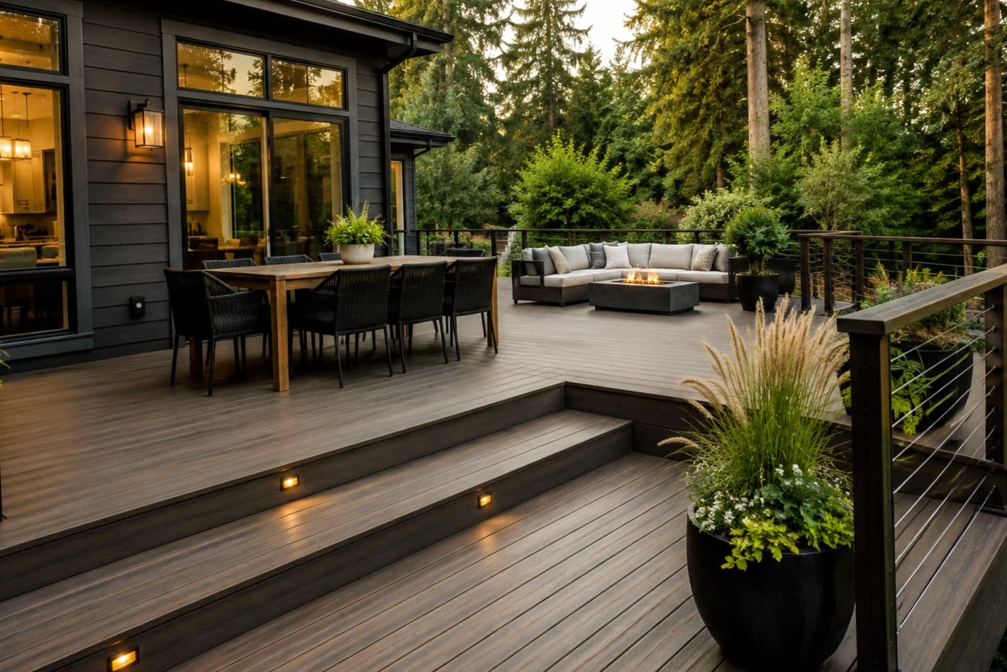 Modern Washington deck remodel with composite decking, outdoor seating, railing, square-foot planning, and material selection by Fine Element Construction