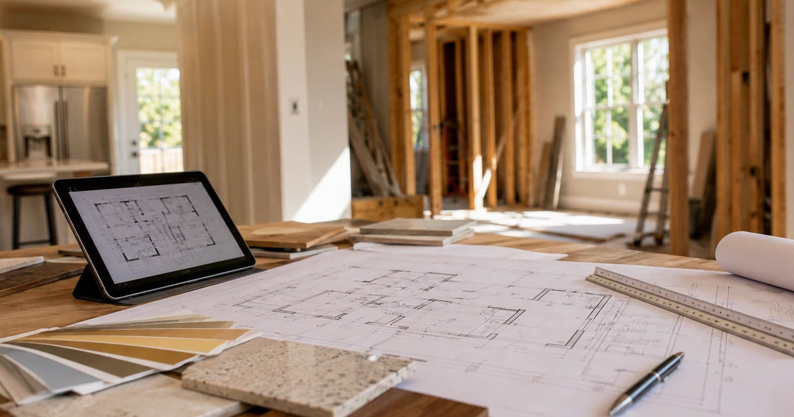 Home remodeling planning in Kirkland Washington with architectural drawings, material samples, and construction coordination