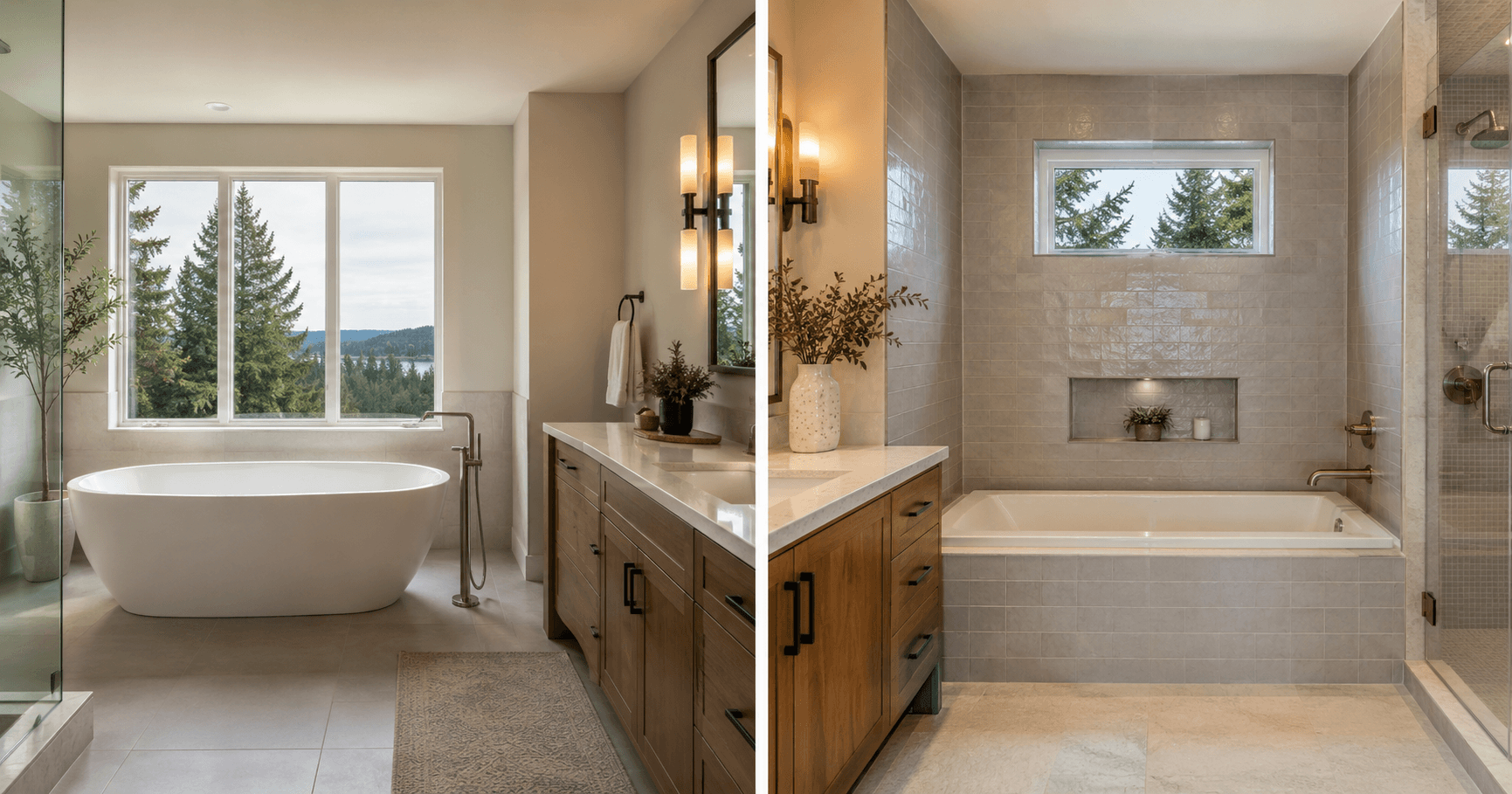 Modern Seattle bathroom remodel with freestanding tub, built-in tub options, walk-in shower, tile, and vanity by Fine Element Construction