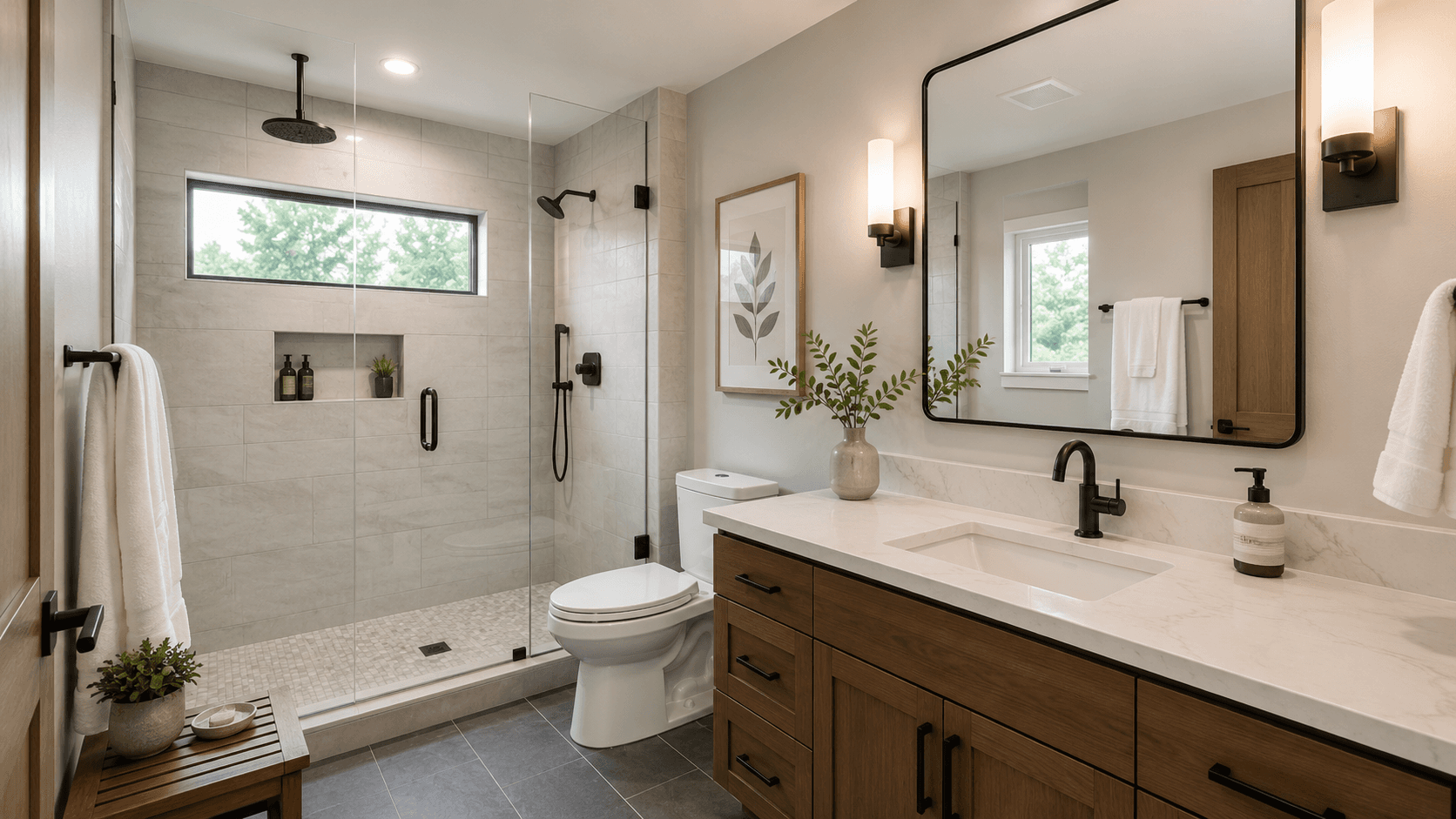 Finished bathroom remodel in Seattle with a realistic construction timeline by Fine Element Construction