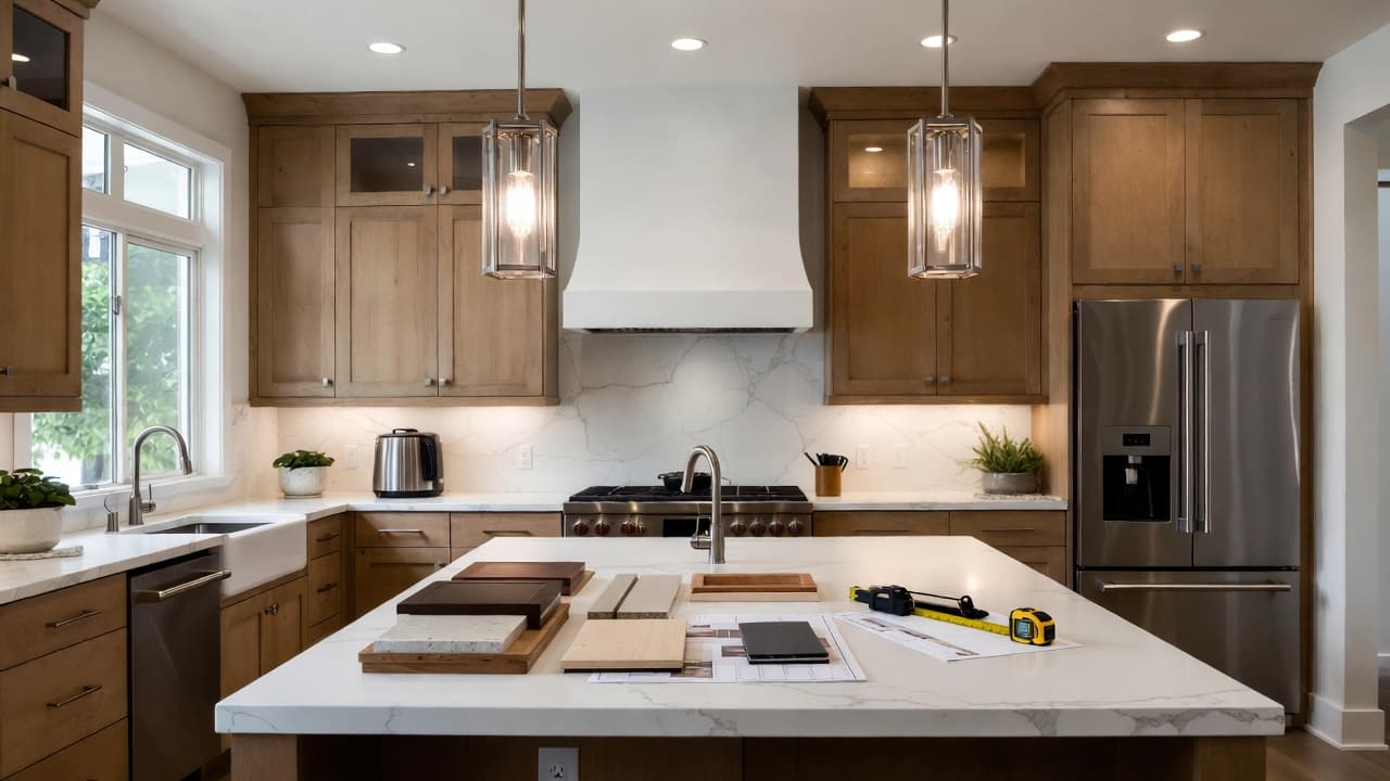 Homeowner reviewing a kitchen remodel plan with a professional remodeler in Seattle by Fine Element Construction