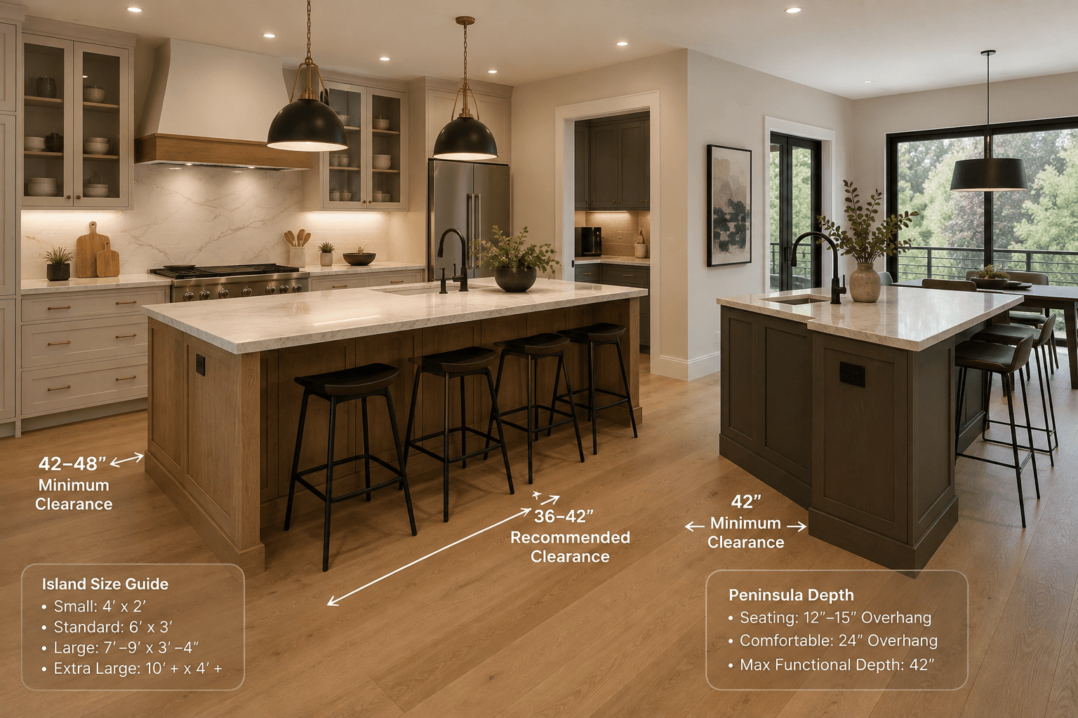 Modern Seattle kitchen remodel with large island, seating, peninsula layout, quartz countertop, and clearance planning by Fine Element Construction
