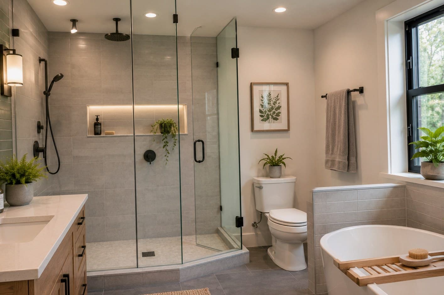 Modern Pacific Northwest bathroom remodel with proper ventilation, walk-in shower, waterproofing, tile, and mold prevention planning by Fine Element Construction