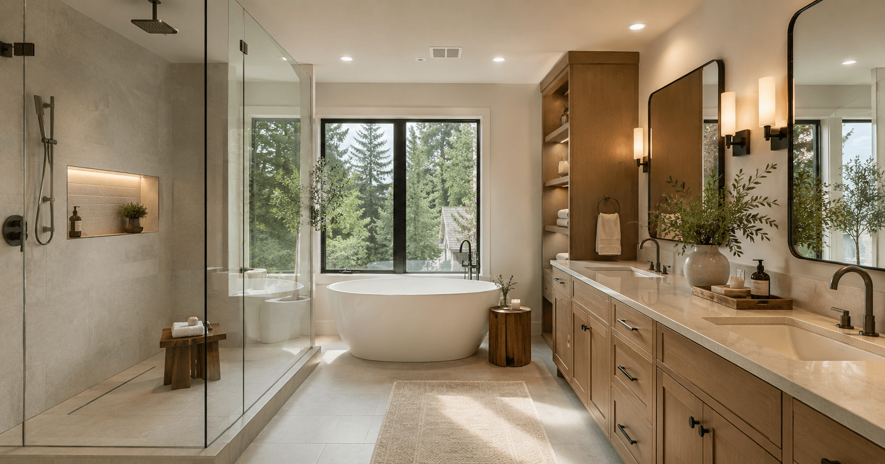 Luxury primary bathroom remodel in Kirkland with spa-style shower, freestanding tub, warm wood vanity, lighting, tile, and modern design by Fine Element Construction