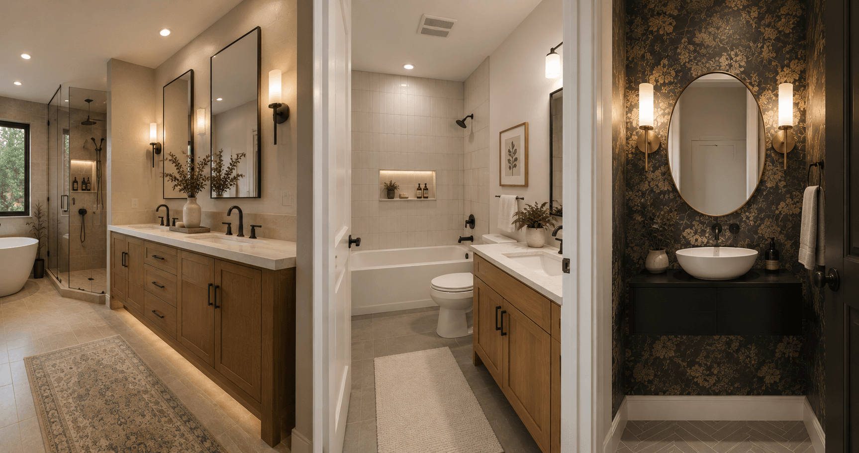 Modern Seattle bathroom remodel design showing primary bathroom, guest bathroom, and powder bath priorities by Fine Element Construction
