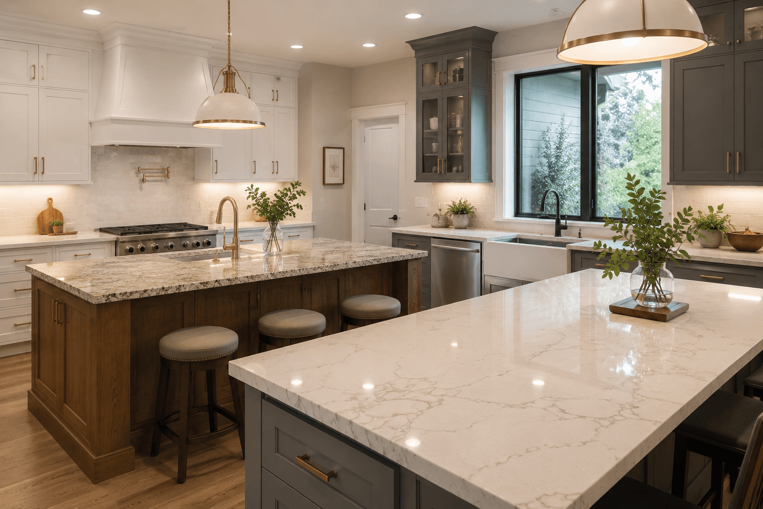 Modern Seattle kitchen remodel with quartz and granite countertop design options by Fine Element Construction