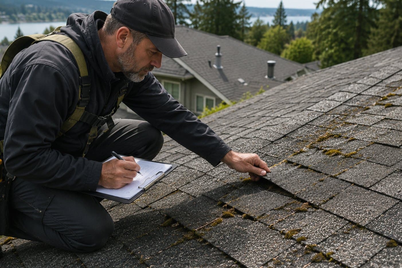 Roofing contractor inspecting an aging asphalt shingle roof on a Seattle-area home