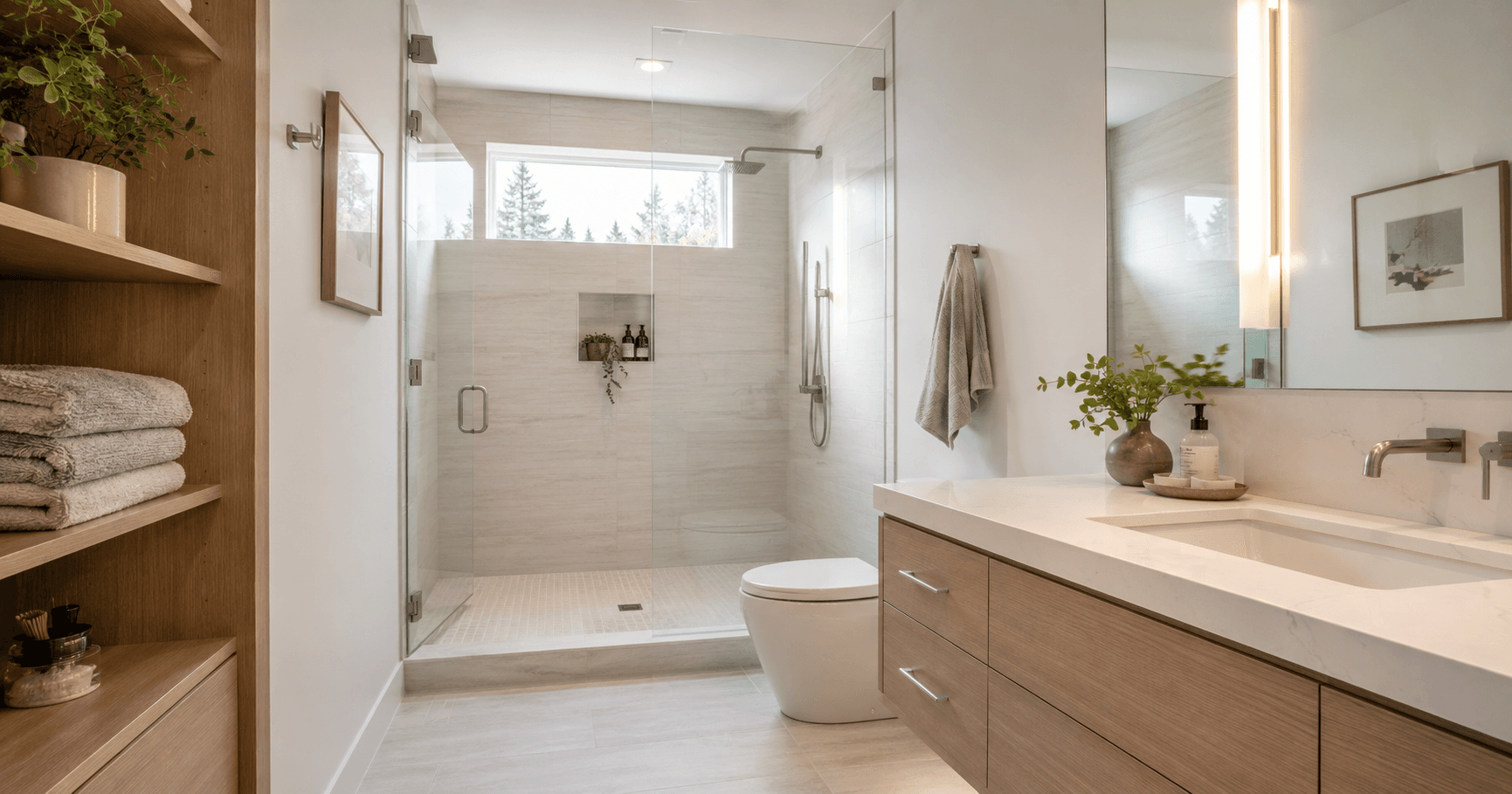 Small bathroom remodel in Seattle with walk-in shower, floating vanity, bright tile, storage, and space planning by Fine Element Construction