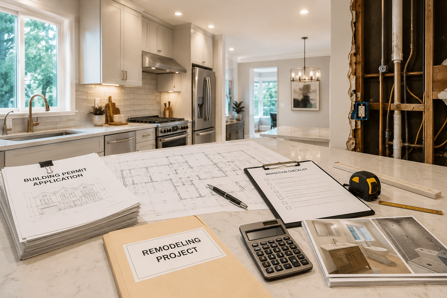 Seattle home remodel permit correction with contractor reviewing finished kitchen and bathroom work by Fine Element Construction