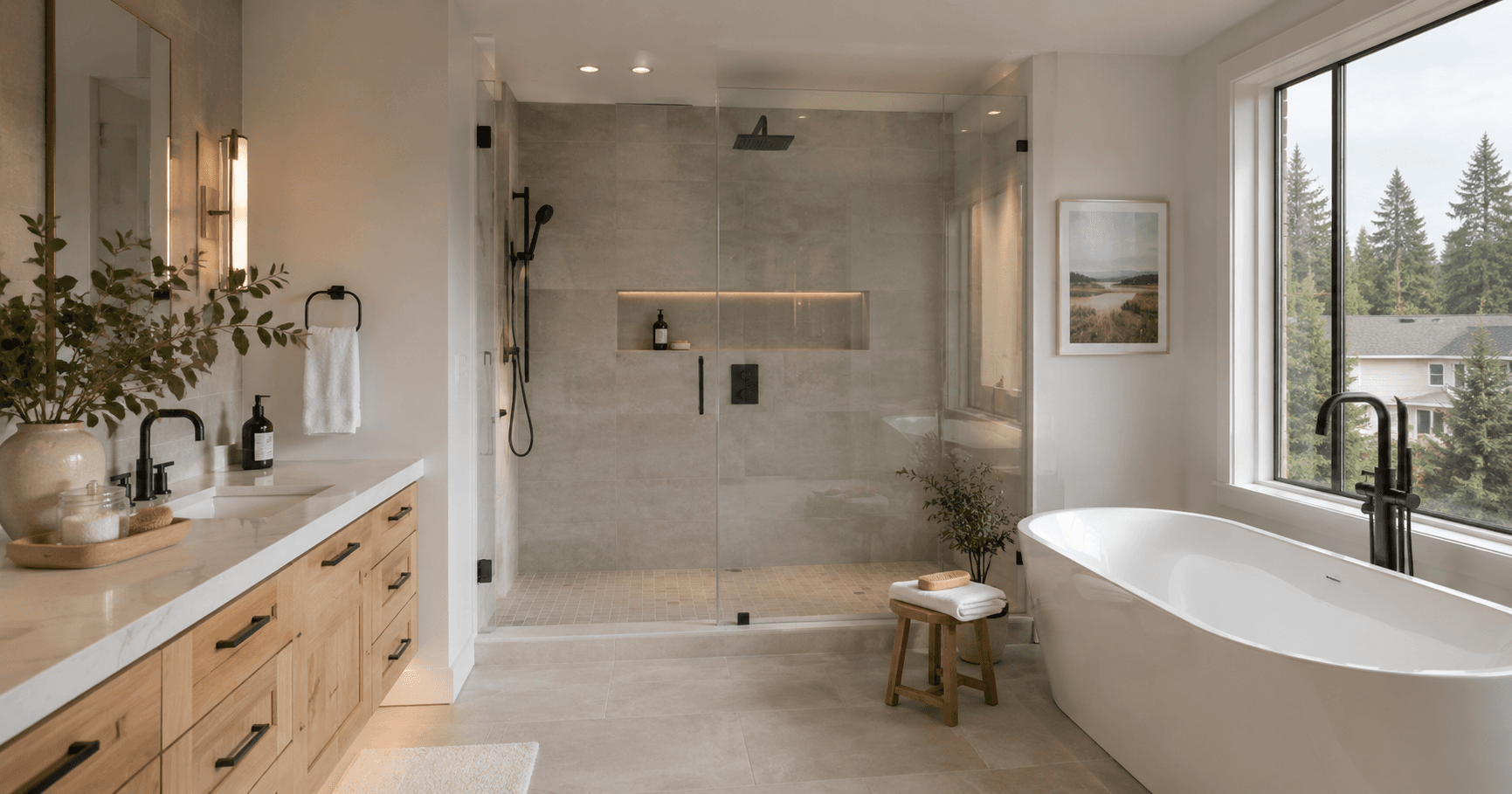 Modern Seattle bathroom remodel with walk-in shower and bathtub options by Fine Element Construction
