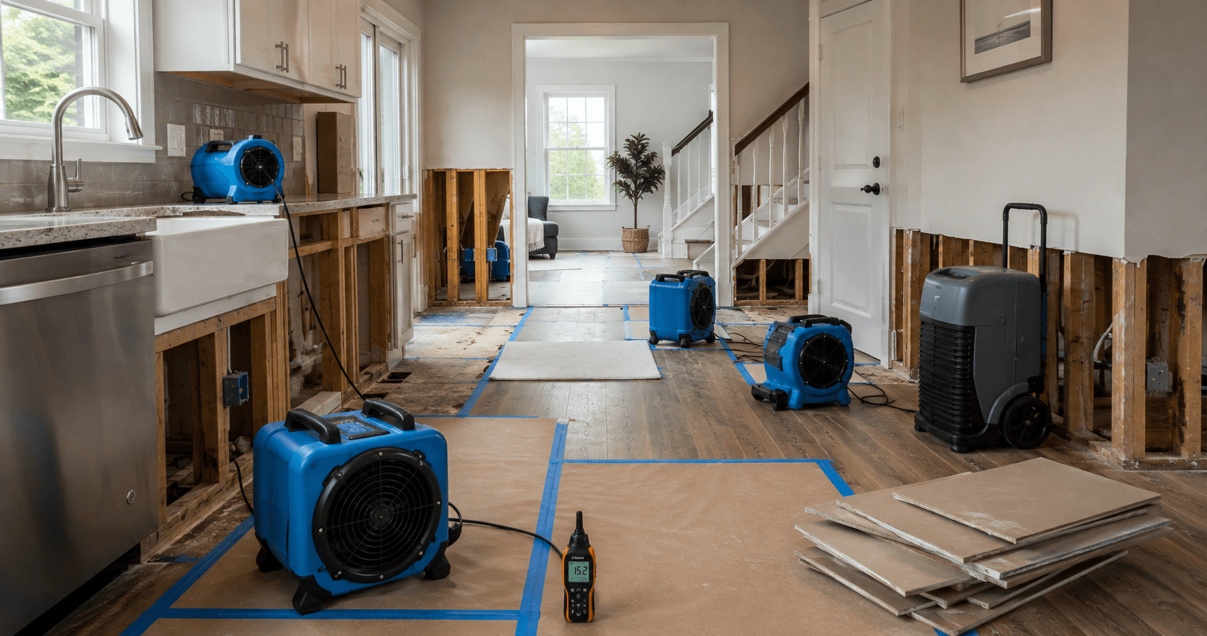 Water damage restoration process in a Seattle home with drying equipment, flooring repair, moisture inspection, and remodel planning by Fine Element Construction