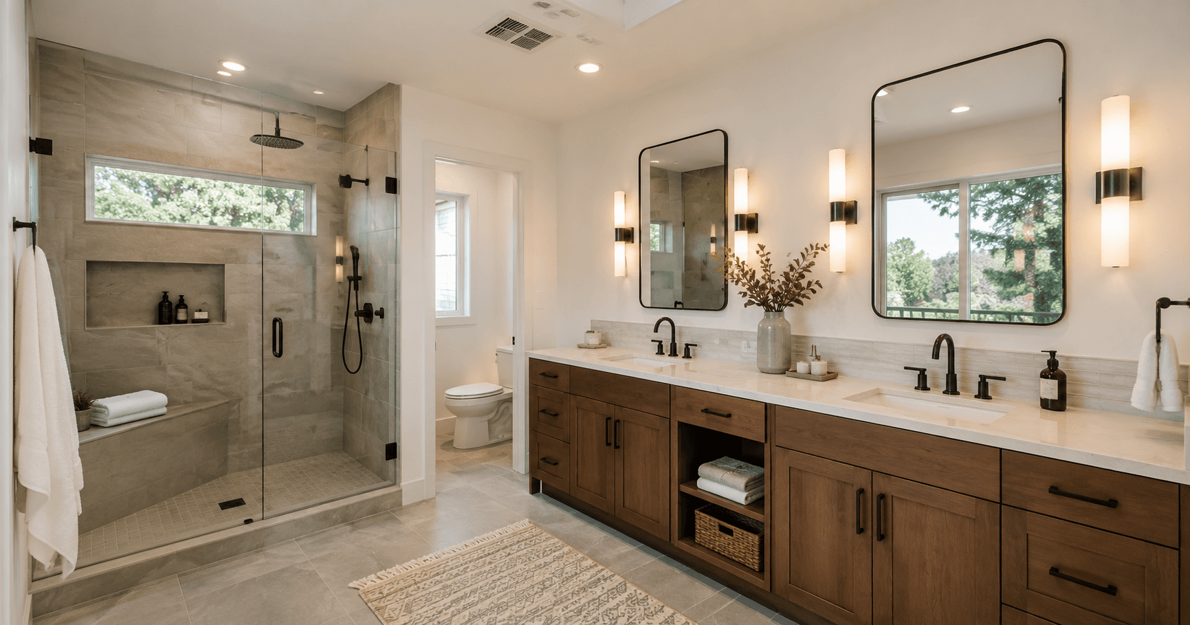 Modern full bathroom remodel in Kirkland with walk-in shower, double vanity, tile, lighting, and ventilation by Fine Element Construction