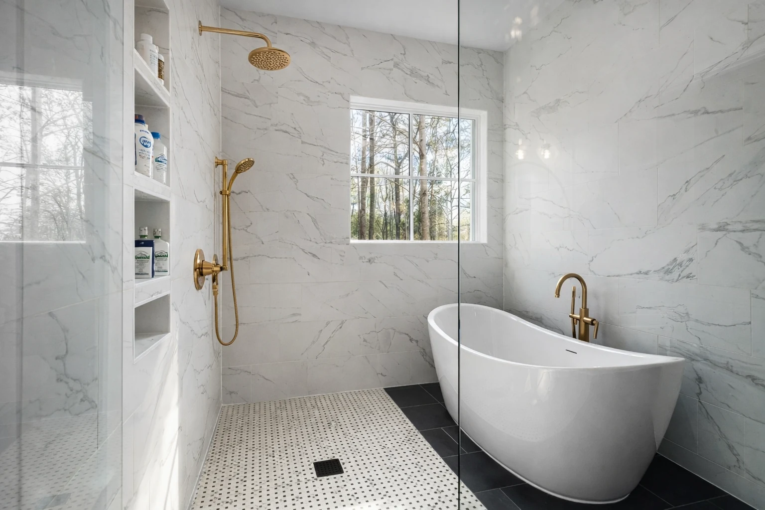 Spa-style primary bathroom with walk-in shower in Seattle, Washington