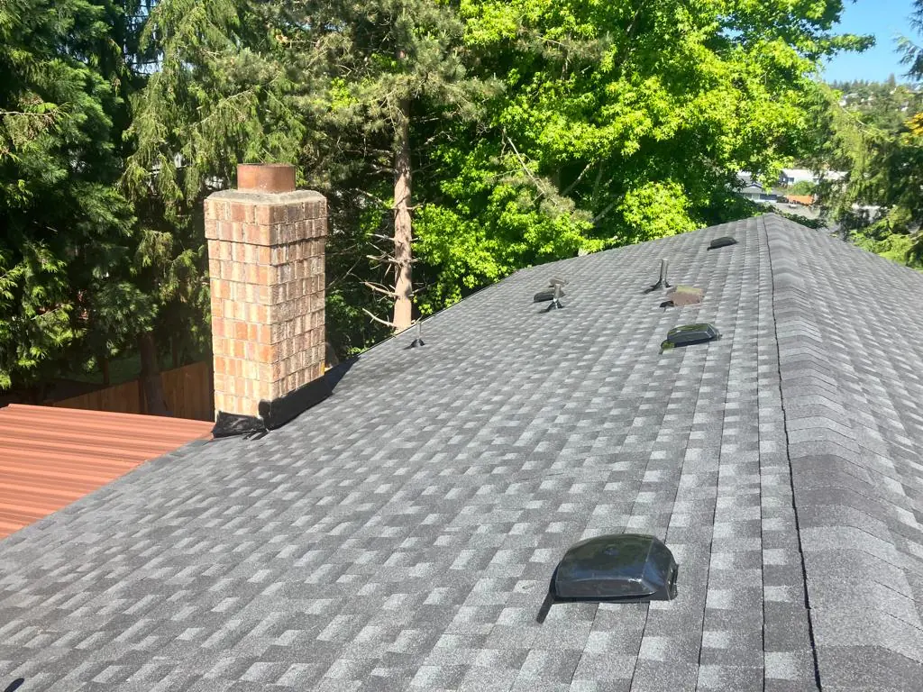 Architectural shingle installation on pitched roof in Kirkland, Washington